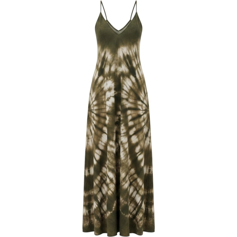Gypsy05 Tie Dye Maxi Dress Sz M Flowy Boho Festival Earthy Tree Charm 100% silk